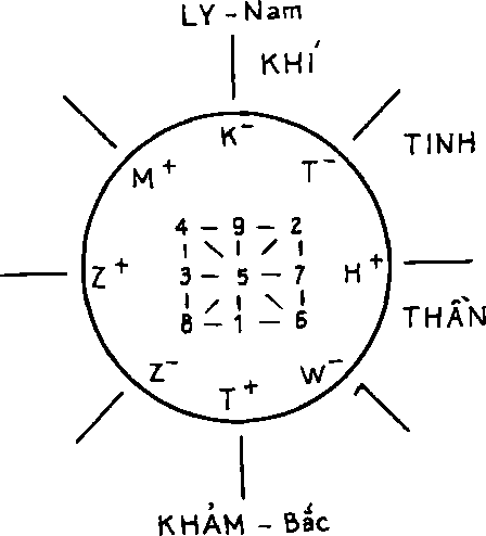 Hình 95. CÁC TRỰC TINH, KHÍ, THẦN VÀ TRUNG ƯƠNG TRONG LINH QUY BÁT PHÁP